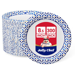 JOLLY CHEF paquete frontal mostrando 300 platos resistentes y diseño geométrico