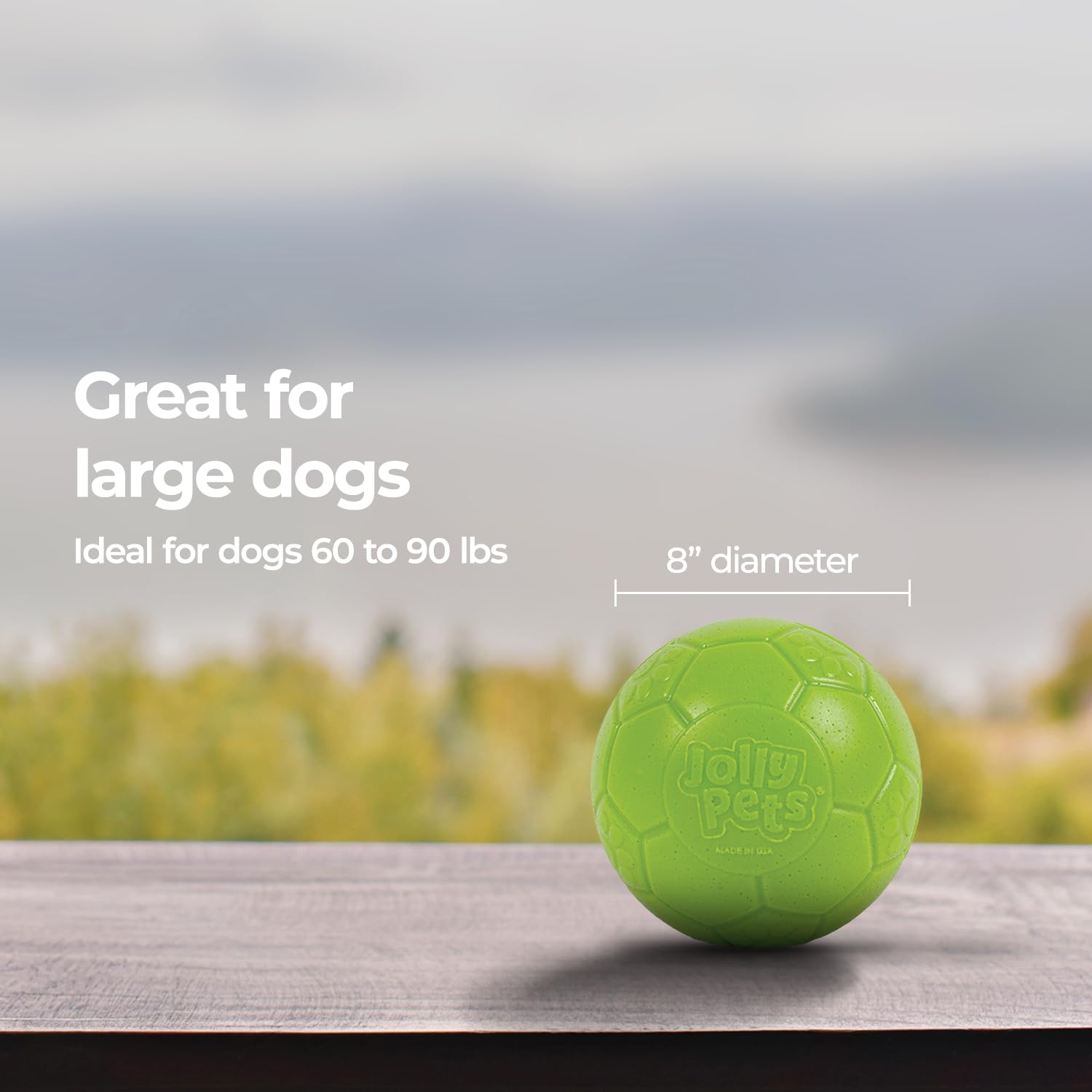 Jolly Pets ball beside measuring tape illustrating the 8-inch diameter for larger dogs