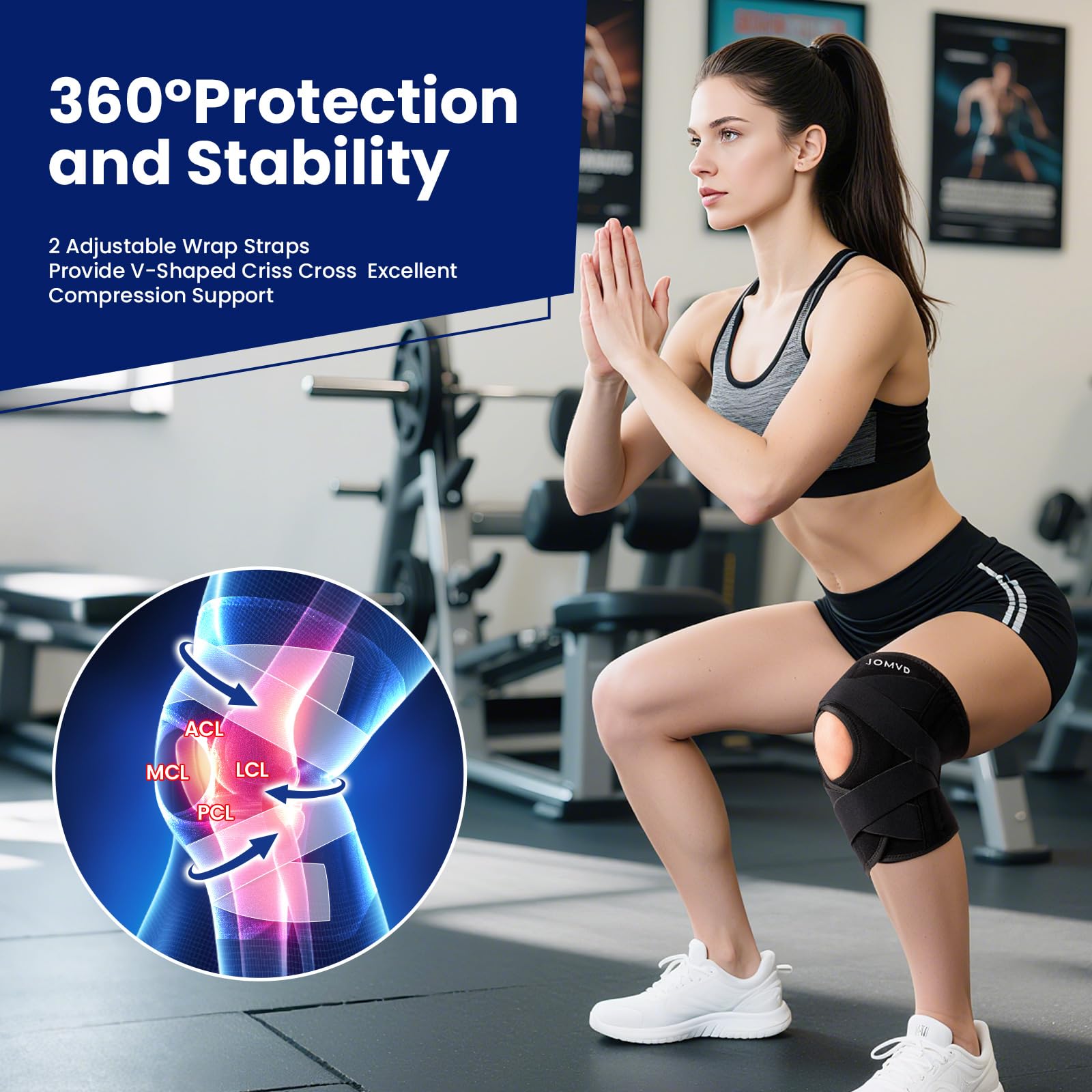 JOMVD double V strap system showing adjustable support benefit