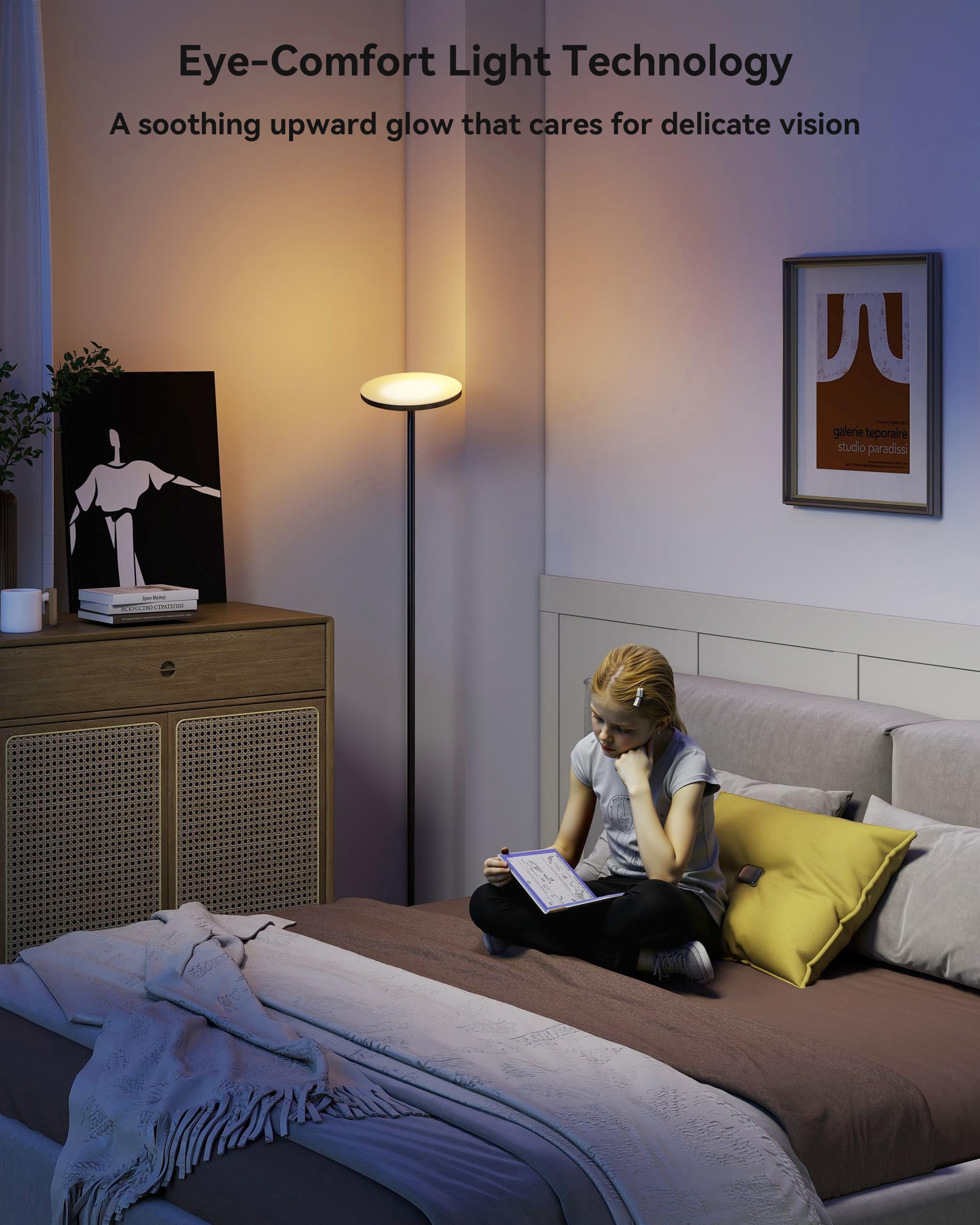 JOOFO floor lamp in living room creating soft, glare-free ambient lighting