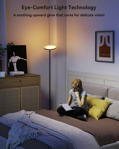 JOOFO floor lamp in living room creating soft, glare-free ambient lighting