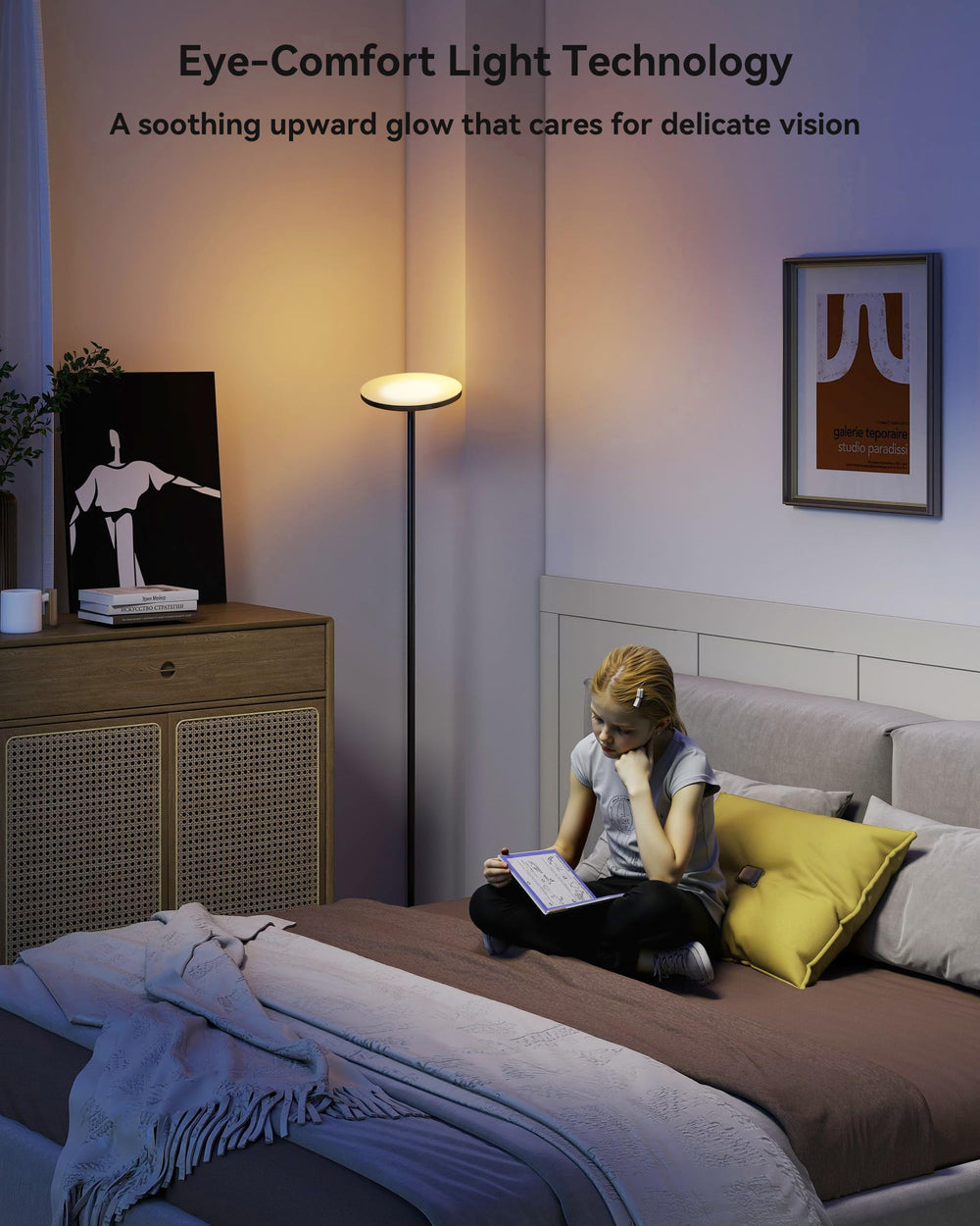 JOOFO floor lamp in living room creating soft, glare-free ambient lighting