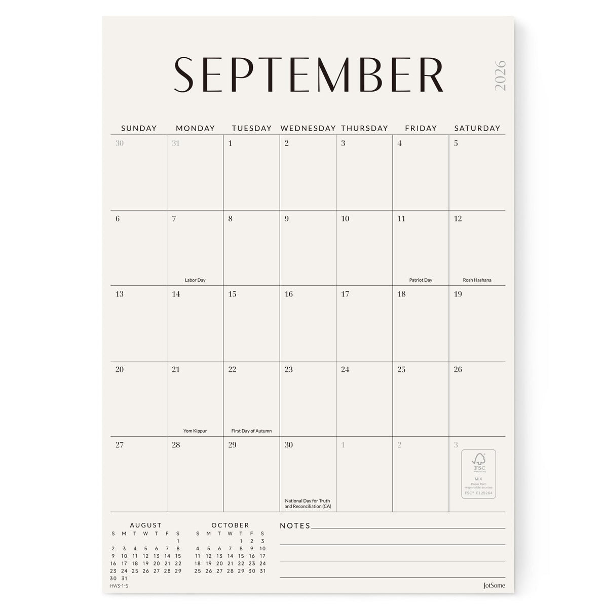 Jotsome calendario frontal mostrando mes y casillas, organización visible