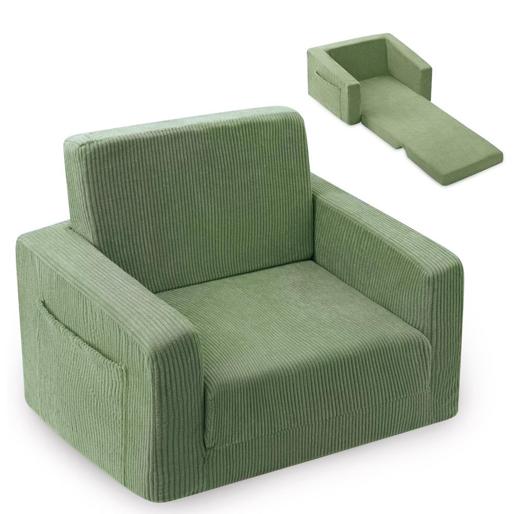 Jouha sillón infantil frontal mostrando forma y color verde, confort visible