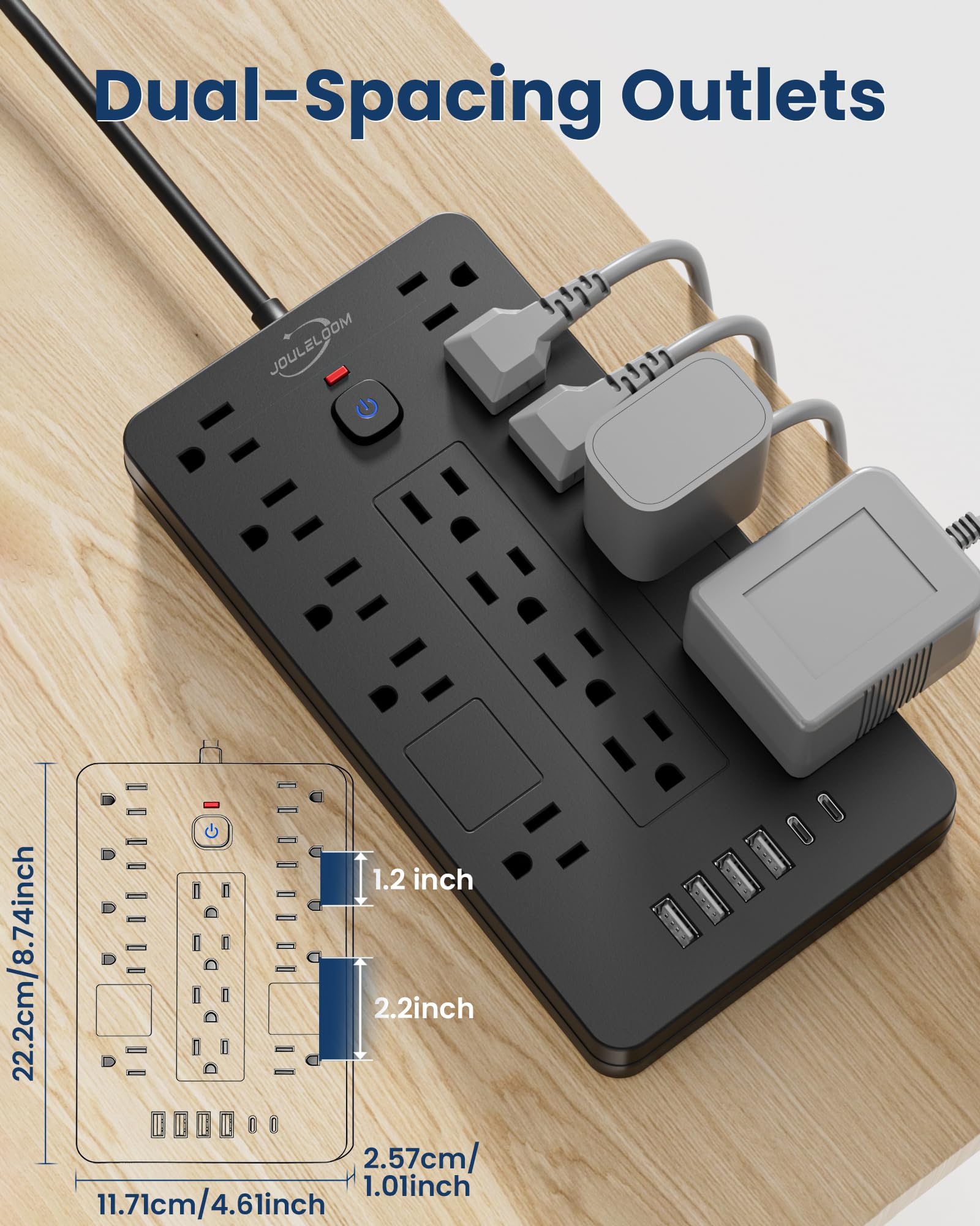 JouleLoom enchufe plano de 0.53 pulgadas diseñado para ahorrar espacio detrás de muebles