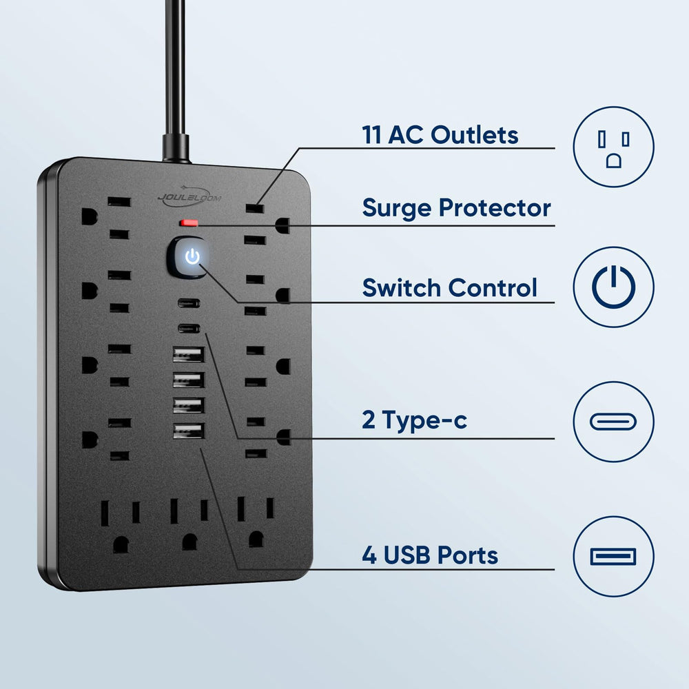 JouleLoom primer plano de 4 USB‑A y 2 USB‑C, carga eficiente para dispositivos móviles