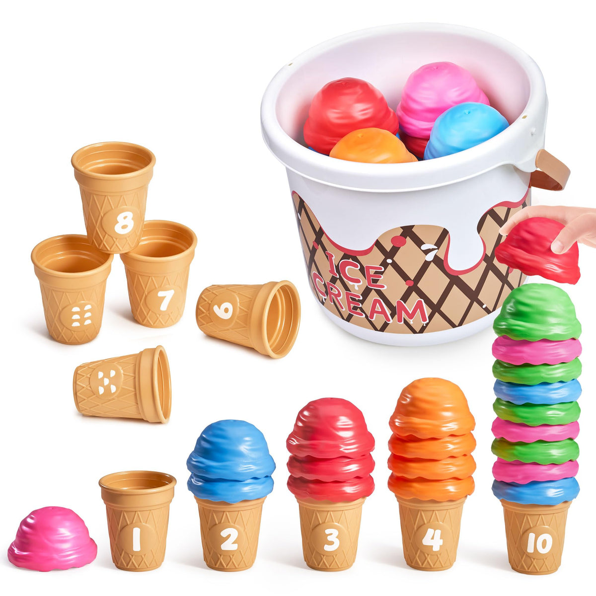 JoyCat frontal del paquete del set de helados que muestra todas las piezas y beneficios educativos