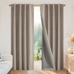 Joydeco panel frontal Nature Linen mostrando caída elegante y bloqueo de luz