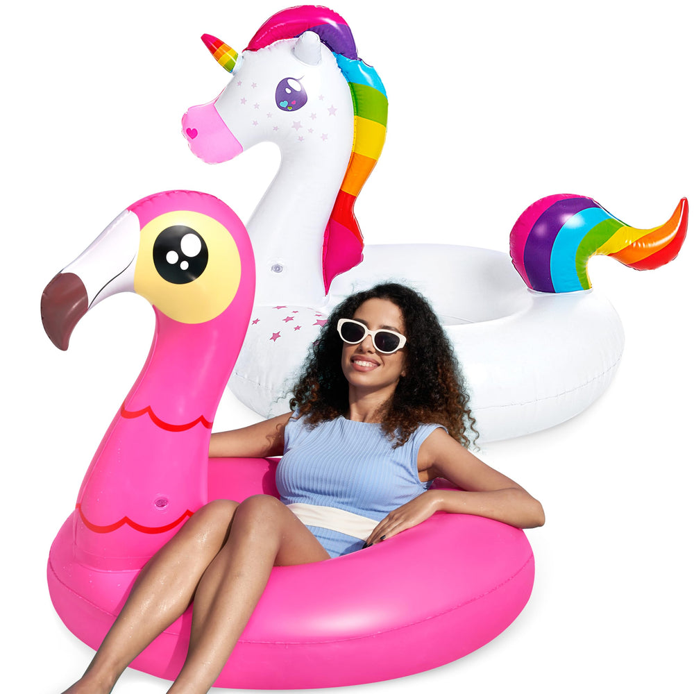 JOYIN flamingo and unicorn floats front view, vibrant pool-ready fun