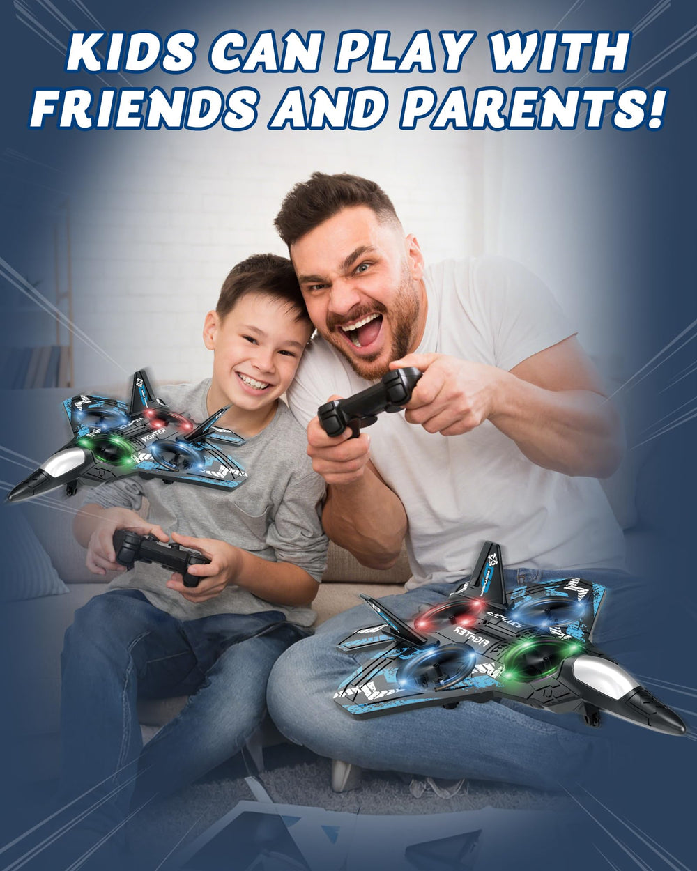 Children flying JoyRapt plane in park promoting family outdoor fun
