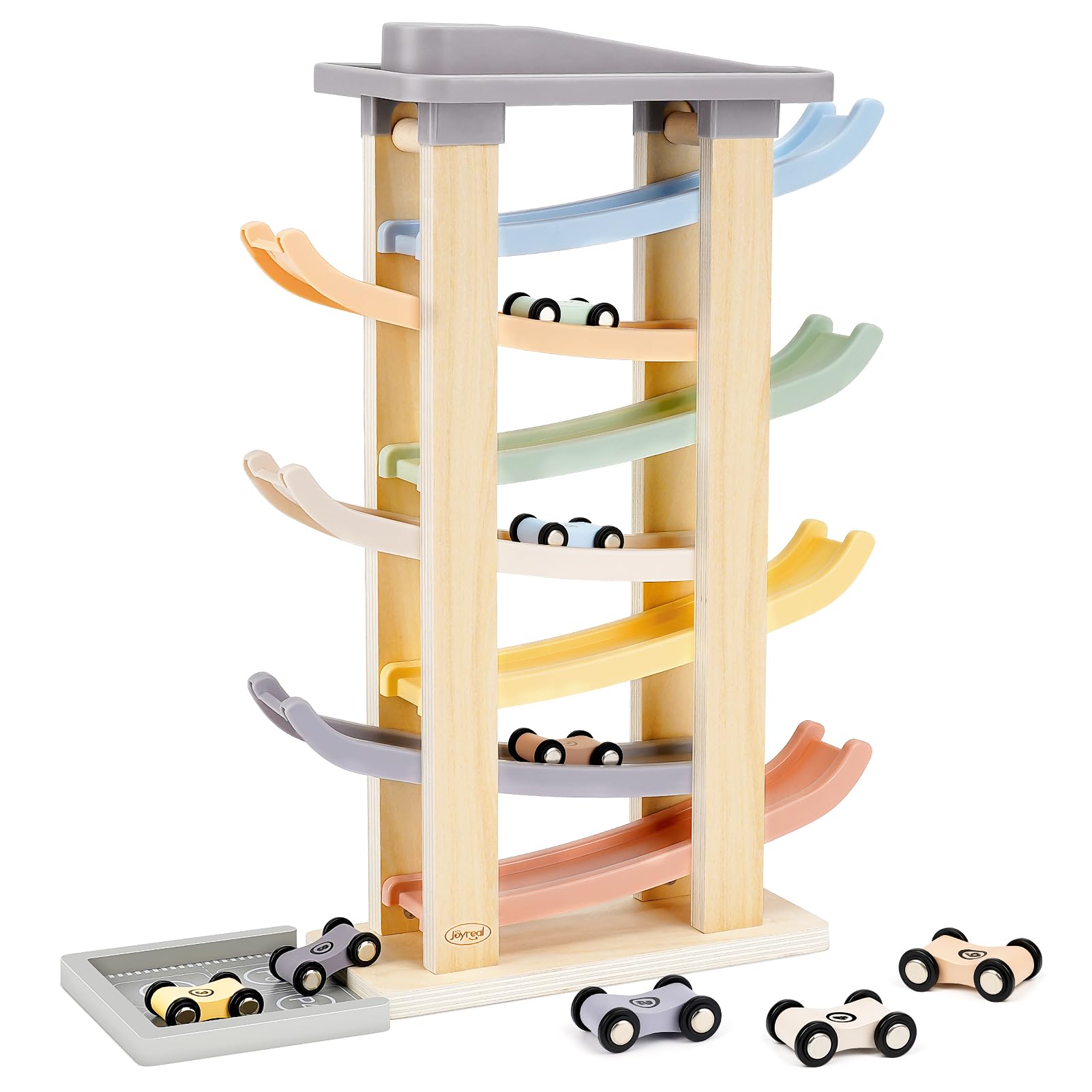 Joyreal front packaging showing the complete wooden car ramp set and contents, highlights durability