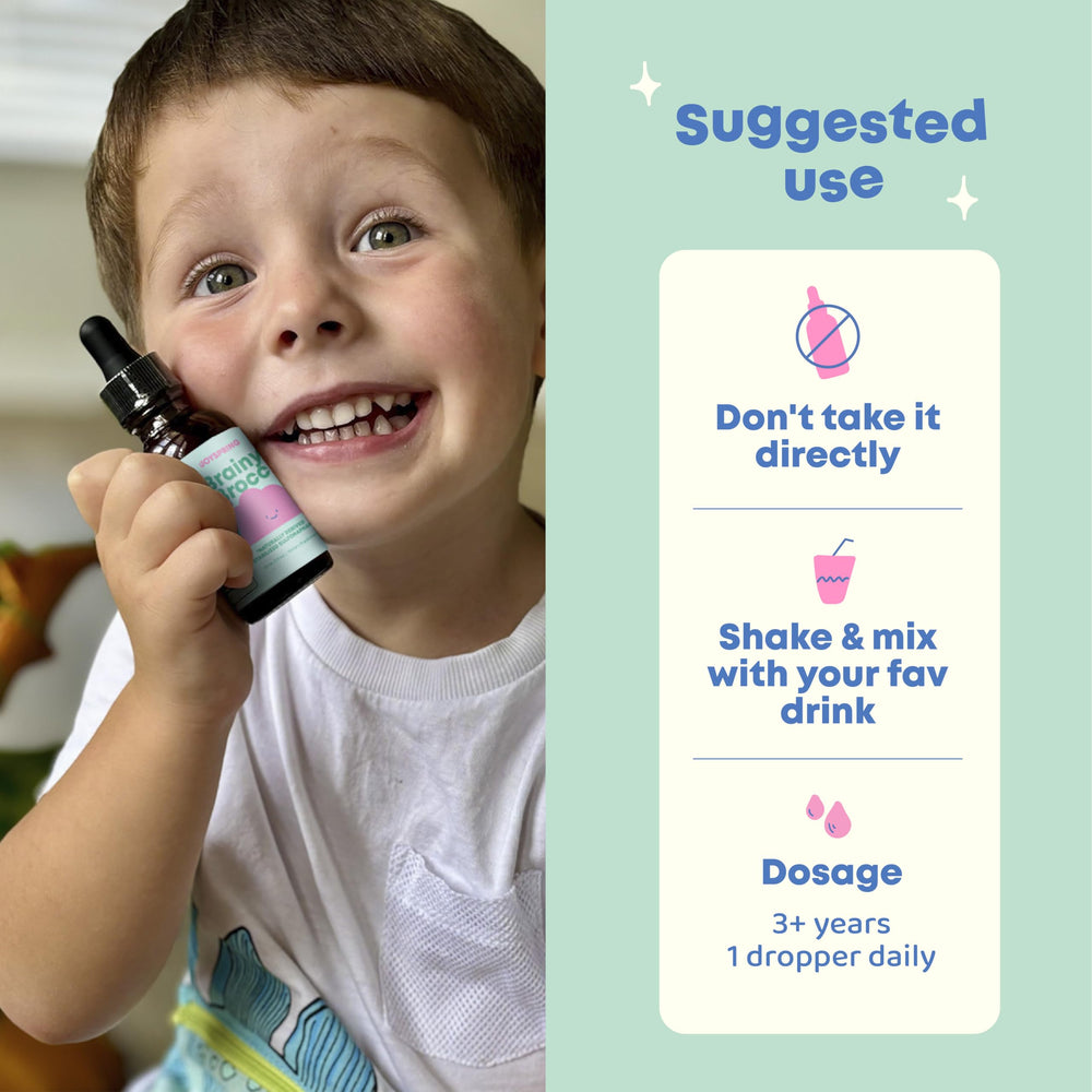 JoySpring gotas mezcladas en vaso con jugo aceptadas por niños