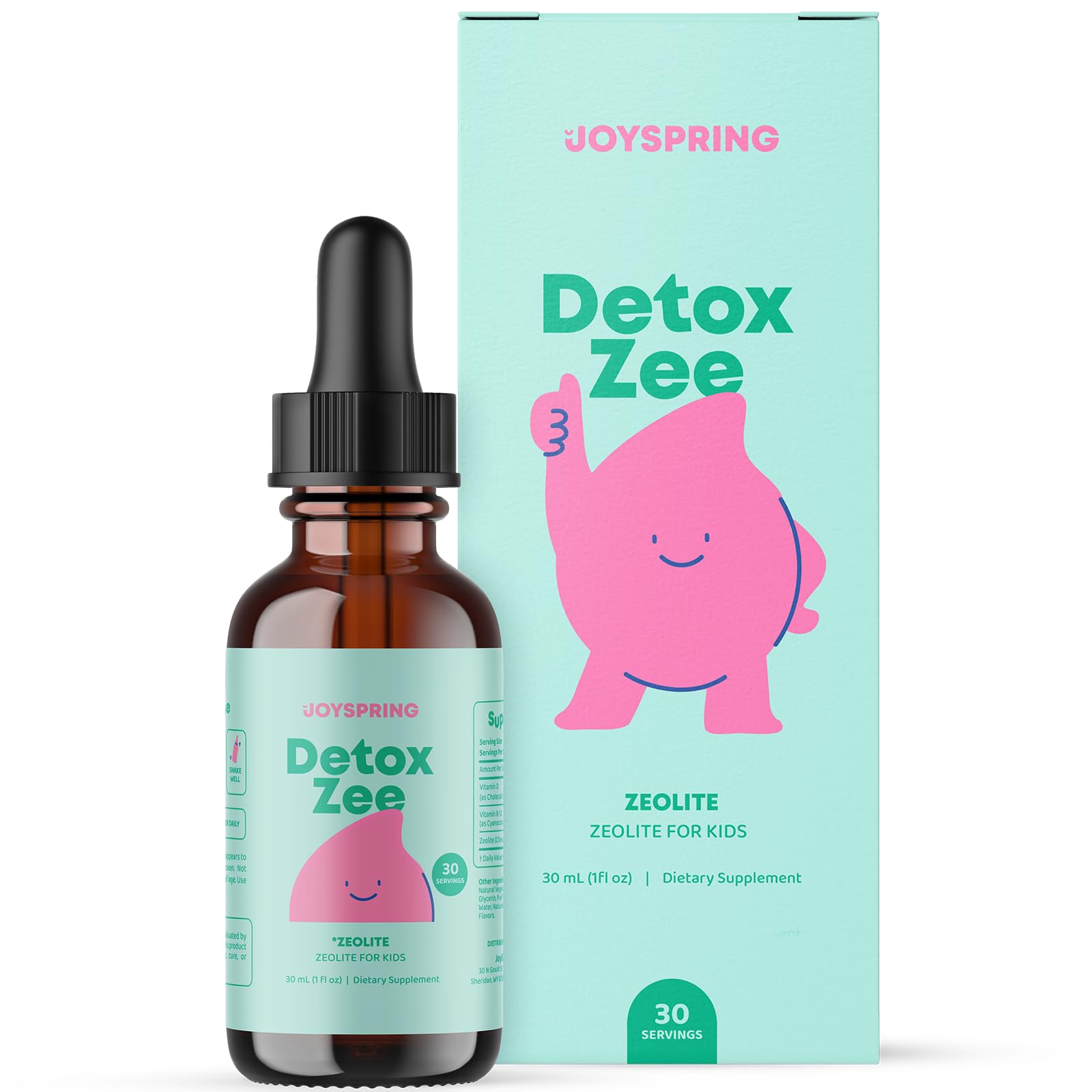 JoySpring frasco DetoxZee Kids al frente mostrando diseño y dosis clara