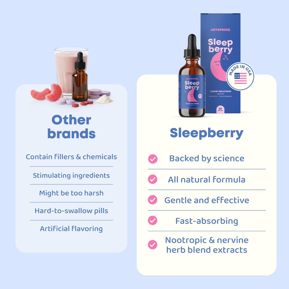 Cerca del tapón y el contenido de JoySpring SleepBerry mostrando textura líquida