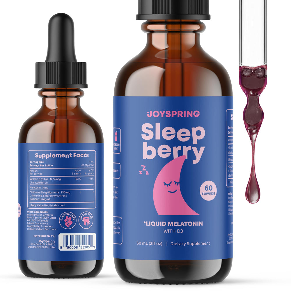 Botella frontal JoySpring SleepBerry mostrando etiqueta y tamaño práctico
