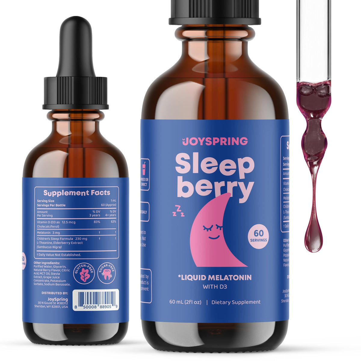 Botella frontal JoySpring SleepBerry mostrando etiqueta y tamaño práctico