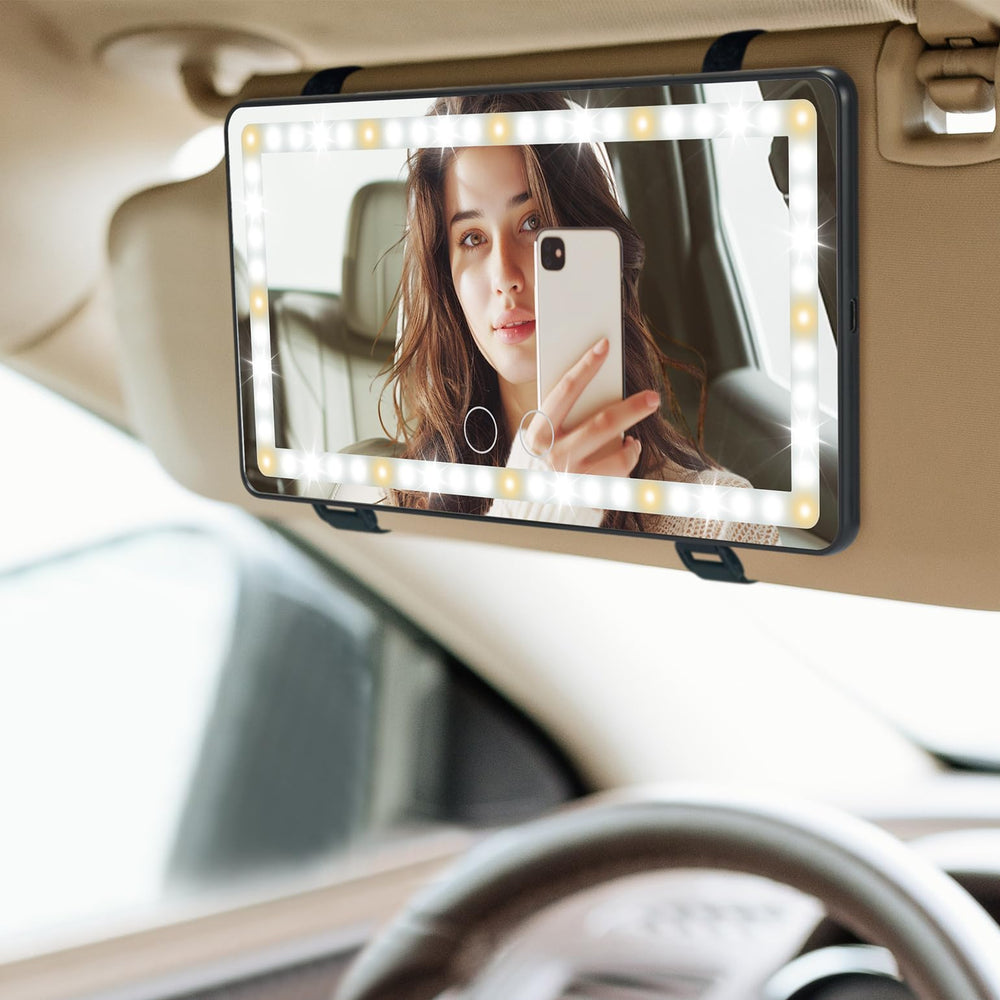 JOYTUTUS vista frontal del espejo de visera con luz para retoques rápidos