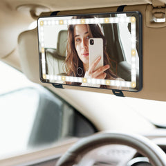 JOYTUTUS vista frontal del espejo de visera con luz para retoques rápidos