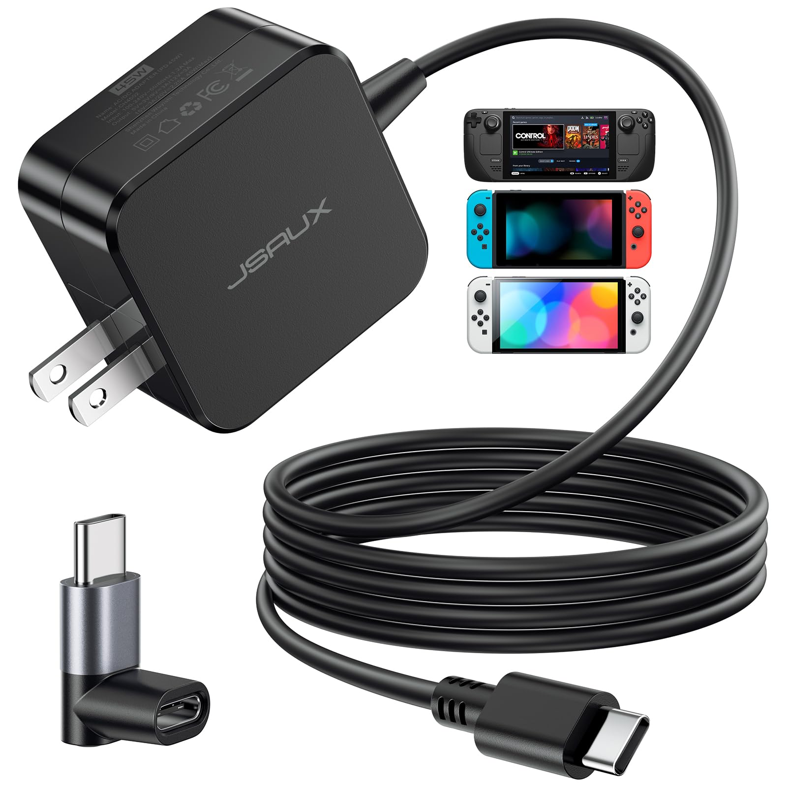 JSAUX vista frontal del adaptador con diseño compacto y potencia 45W