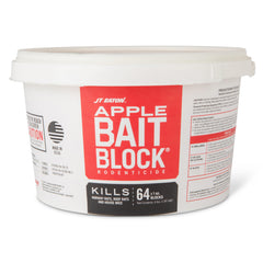 JT Eaton front pail showing apple-flavored rodenticide label and secure resealable lid benefit clear storage