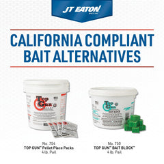 JT Eaton open pail showing 64 one-ounce bait blocks and tamper-evident seal benefit easy access
