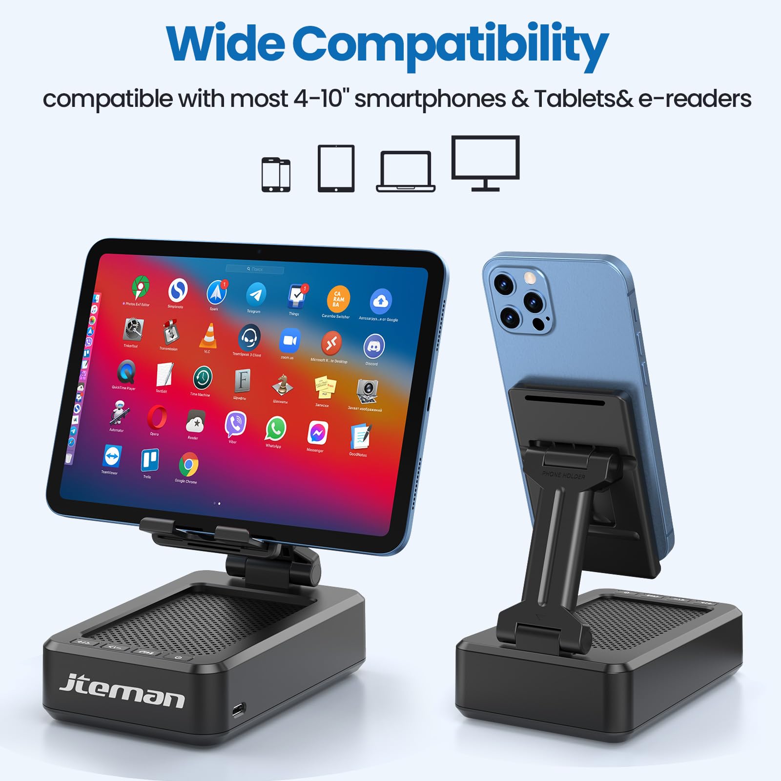 JTEMAN holding phone portrait on desk, steady hands-free viewing and calling