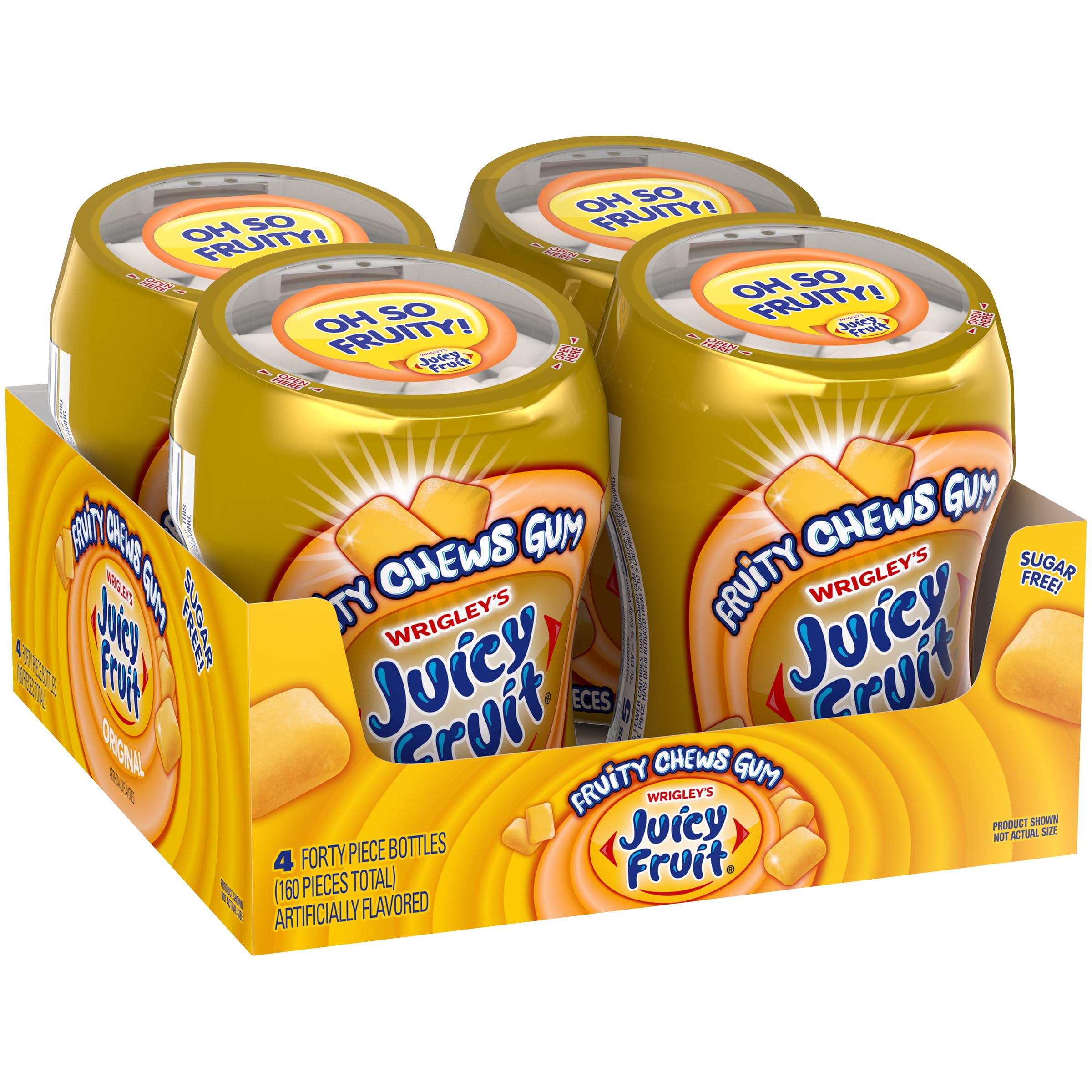 Juicy Fruit front bottle showing label and resealable cap for portability