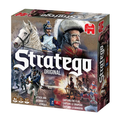 Jumbo Stratego board and pieces beside a hand to show scale and portable play advantage