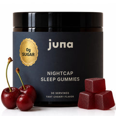 Juna Nightcap vista frontal del envase mostrando gomitas y marca, conveniencia nocturna