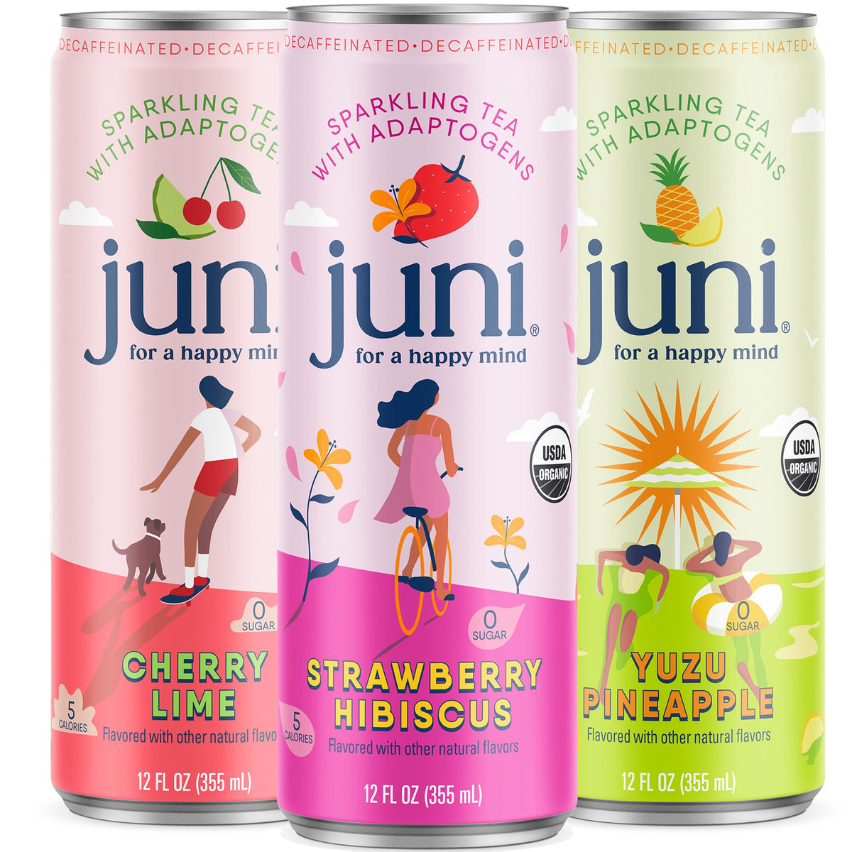 JUNI pack frontal de latas mostrando los tres sabores y beneficios funcionales