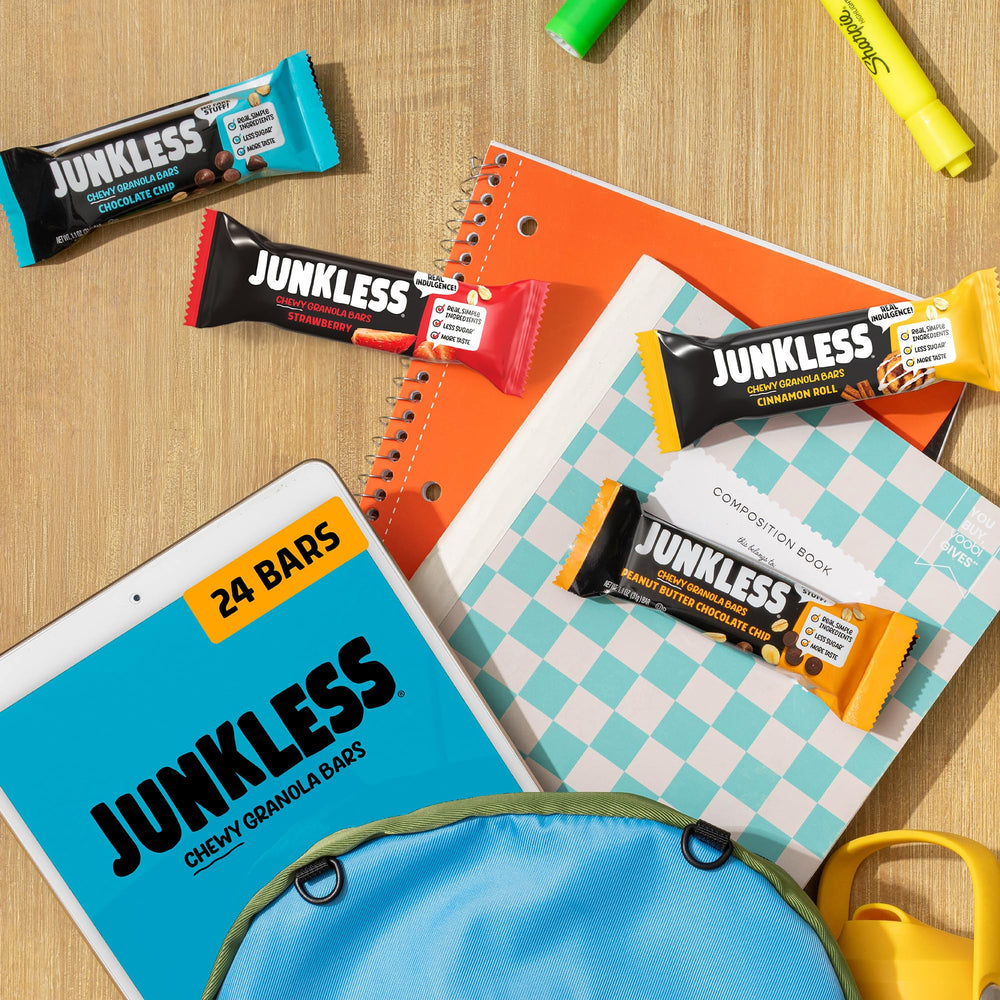 JUNKLESS barras dentro de mochila en viaje, snack de emergencia y recorrido