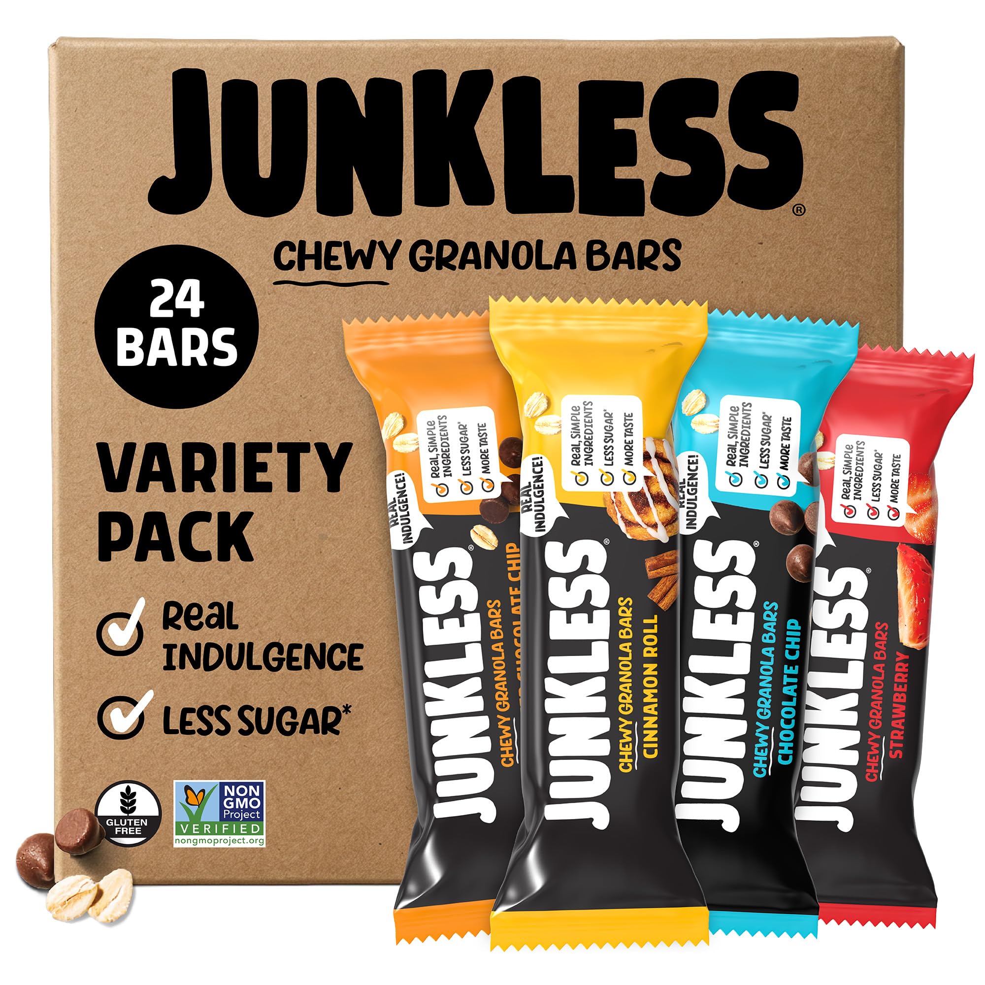 JUNKLESS paquete frontal variedad clásica mostrando diseño y porciones, conveniencia inmediata