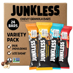JUNKLESS paquete frontal variedad clásica mostrando diseño y porciones, conveniencia inmediata