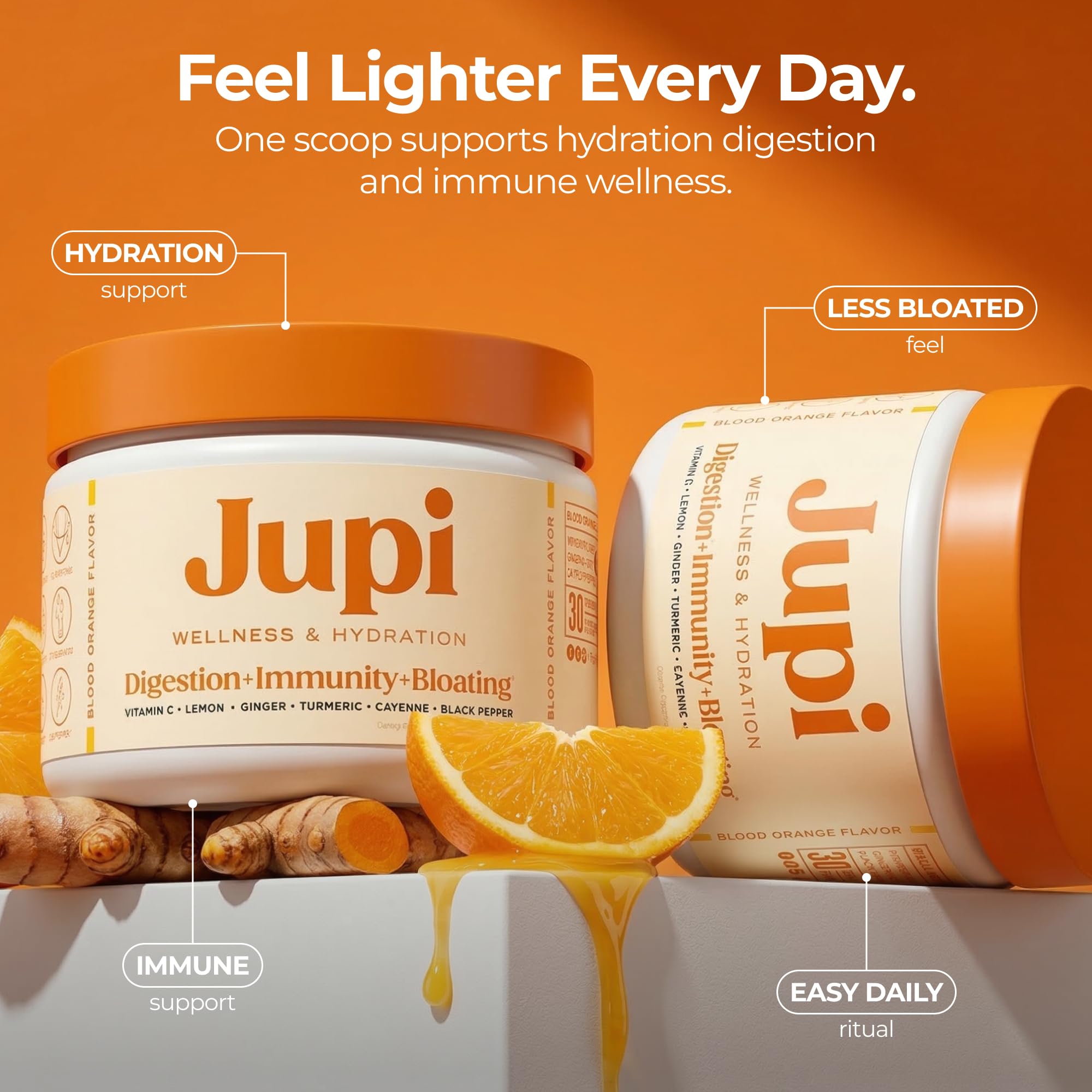 Jupi ingredientes en detalle con cúrcuma, jengibre y vitamina C visibles