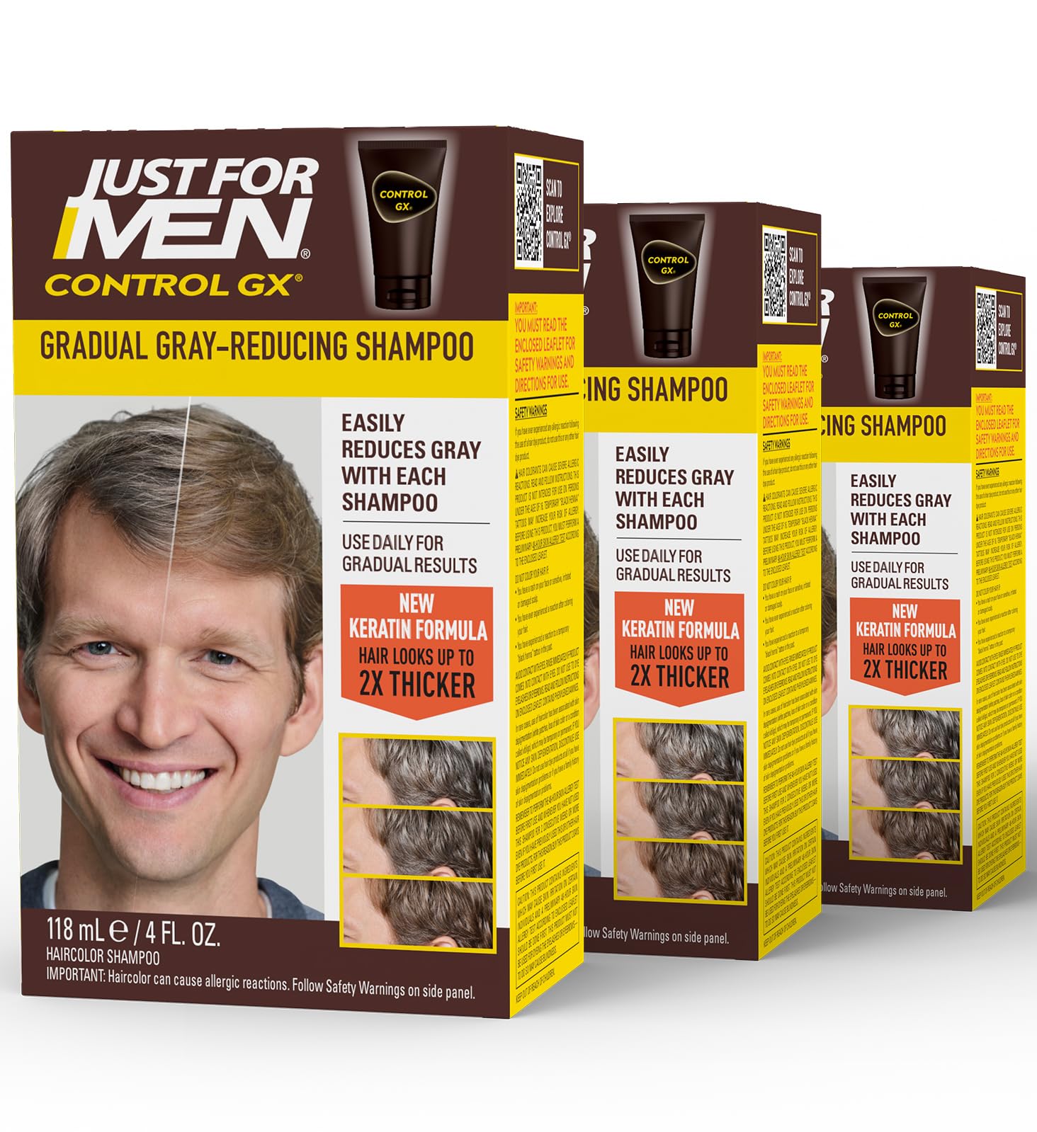 Just for Men Control GX vista frontal del envase mostrando etiqueta y tamaño, facilita elección