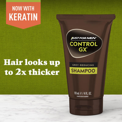 Just for Men bottle being used in shower showing Control GX rinsing for gradual gray reduction