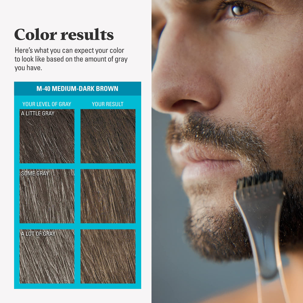 Just For Men hombre arreglando su barba tras uso, apariencia más densa