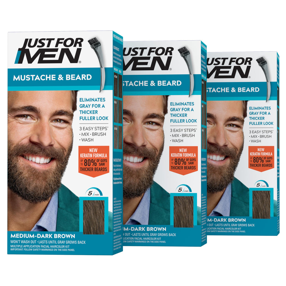 Just For Men paquete frontal M-40 mostrando tono medium-dark brown y beneficios