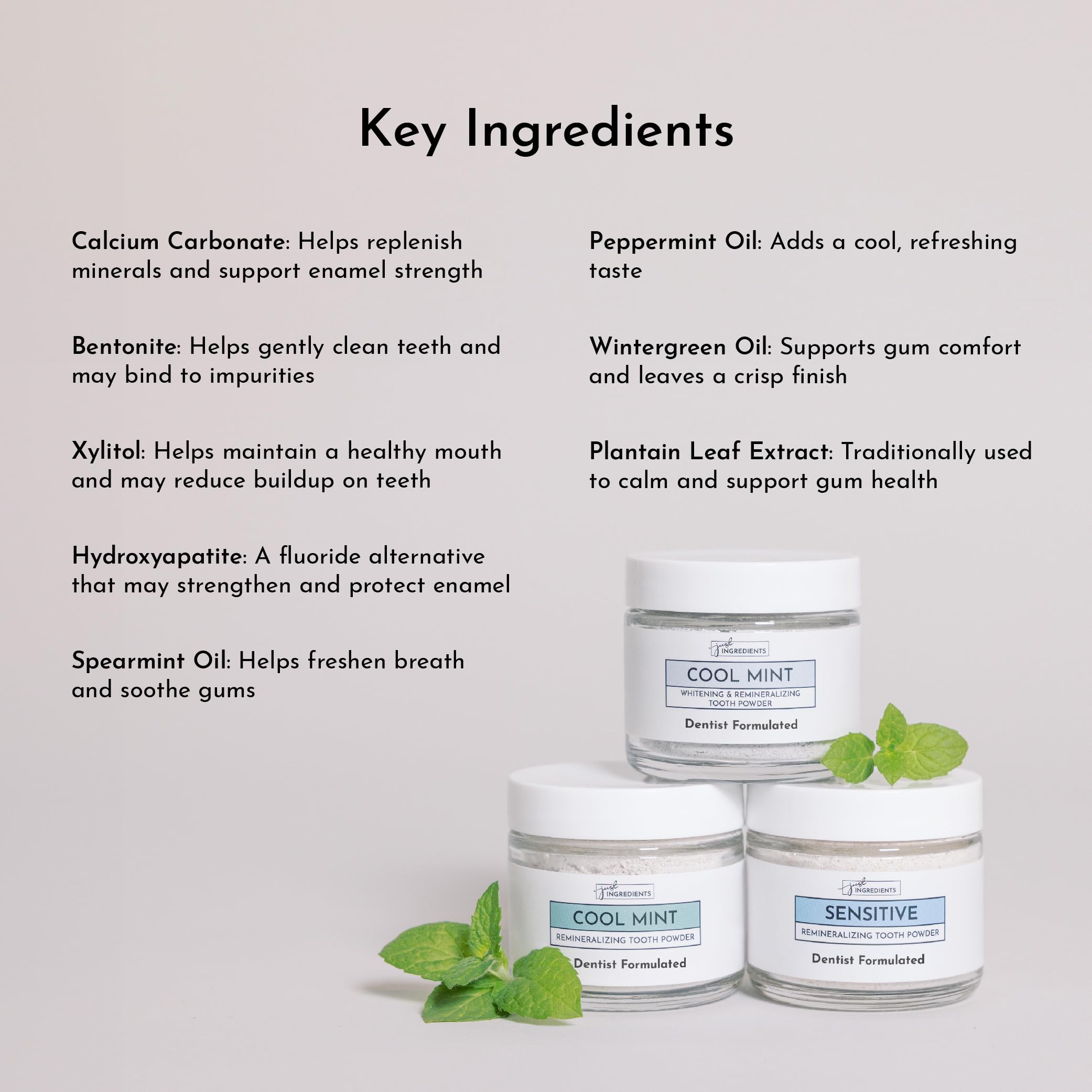 JUST INGREDIENTS persona cepillando dientes con polvo para frescura natural