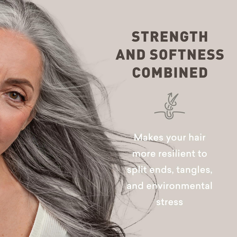 Just Nutritive before and after gray hair comparison showing reduced yellowing