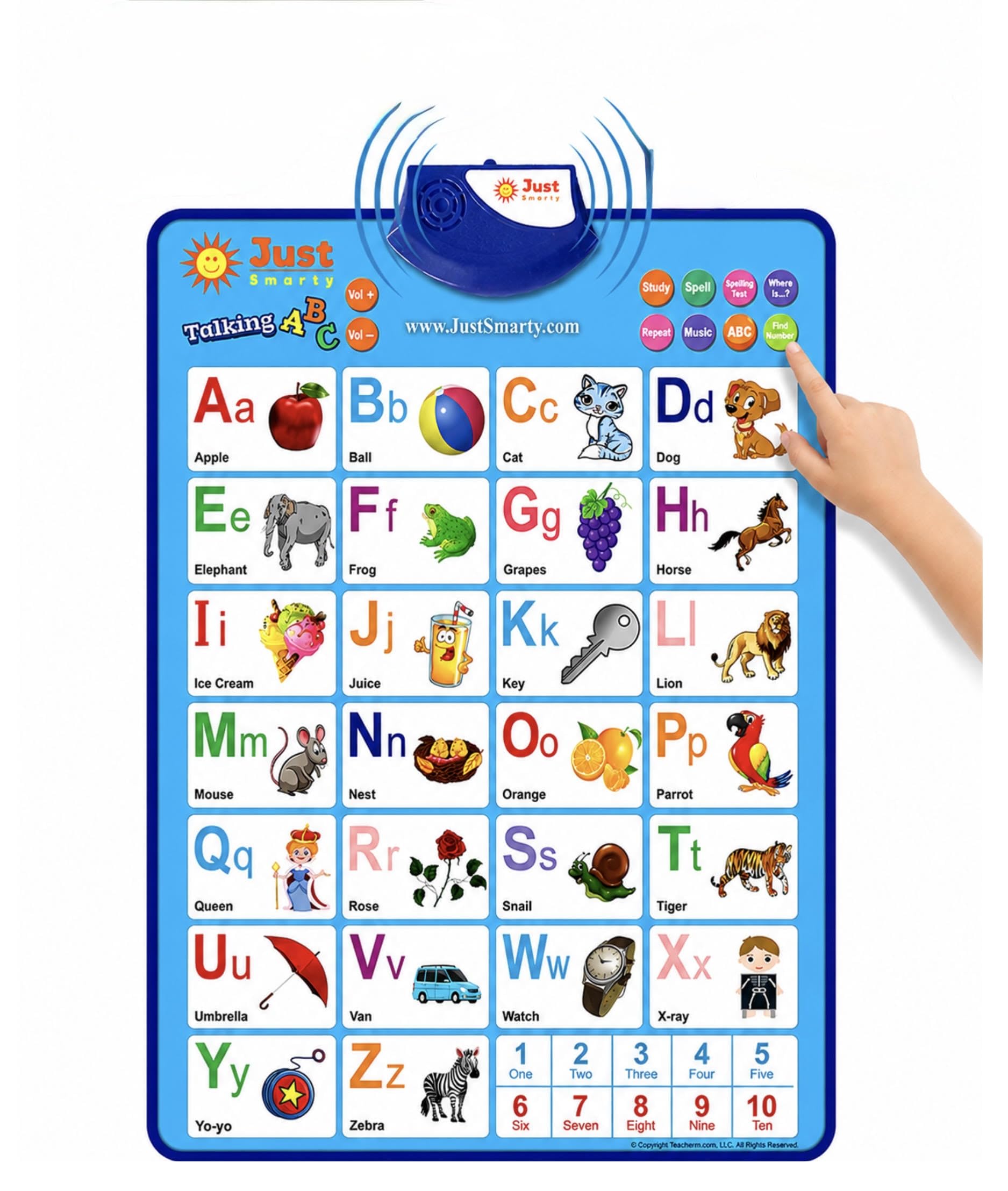 Just Smarty front view of blue alphabet chart showing letters and numbers, encourages learning