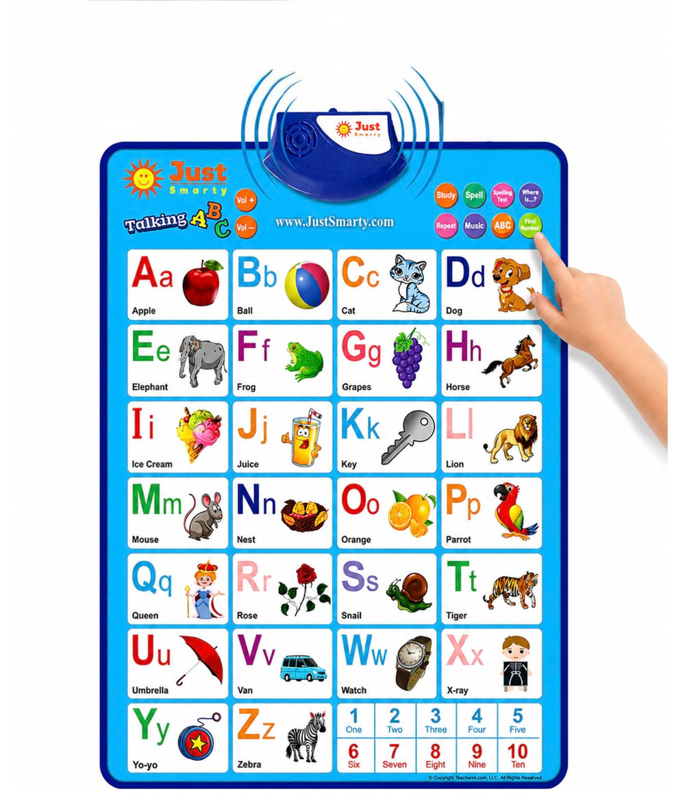Just Smarty front view of blue alphabet chart showing letters and numbers, encourages learning
