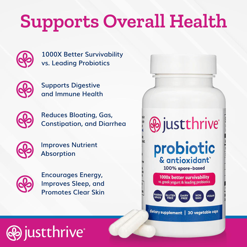 Just Thrive cápsulas junto a un desayuno saludable sugiriendo compatibilidad dietética