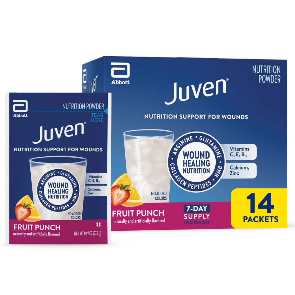 Juven empaque frontal mostrando 14 sobres y sabor fruit punch, fácil identificación