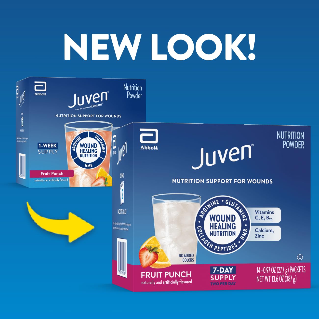 Juven sobre abierto con polvo visible para una mezcla rápida y sin grumos