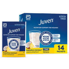 Juven frente del empaque mostrando sabor pineapple coconut y beneficio nutricional
