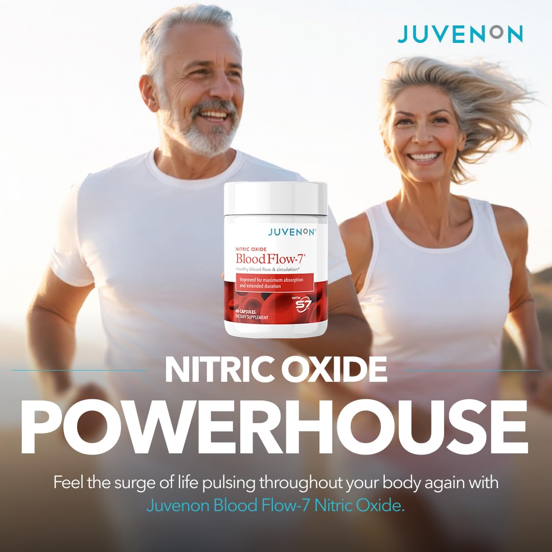 Juvenon BloodFlow-7 bottle held in hand for size and serving perspective