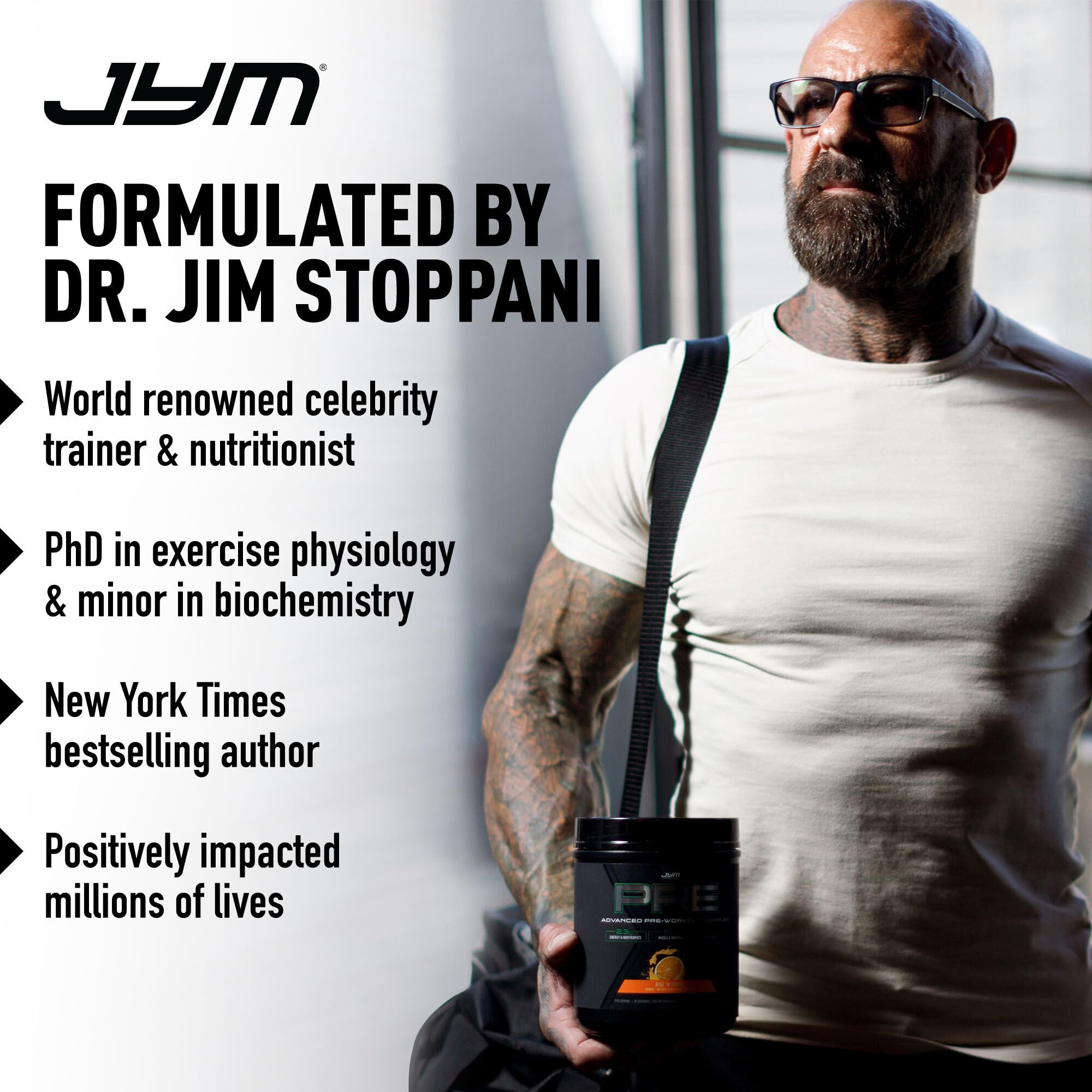 JYM Supplement Science primer plano del polvo mostrando textura homogénea y disolución rápida