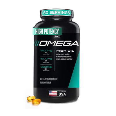 JYM Supplement Science bottle front view showing label and premium omega-3 benefits