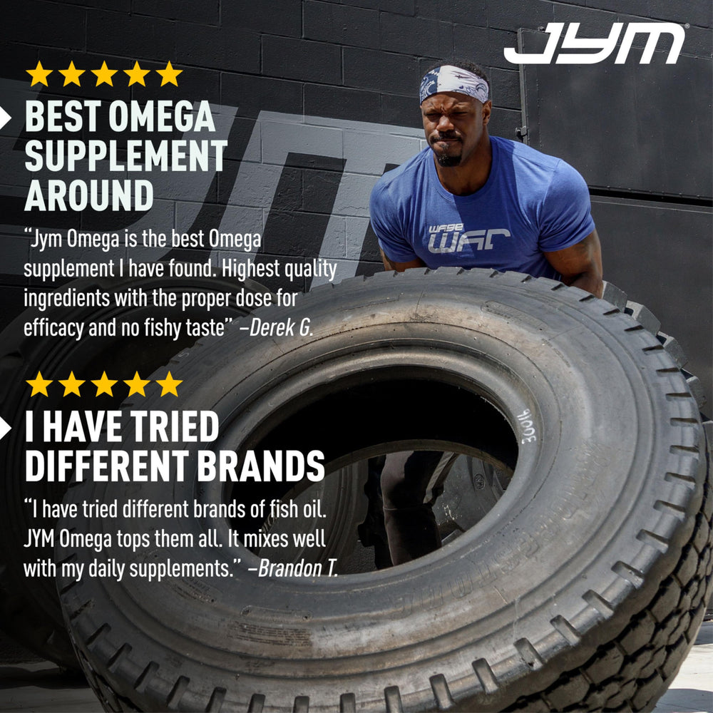 Hand holding four JYM Omega JYM softgels representing one full daily serving